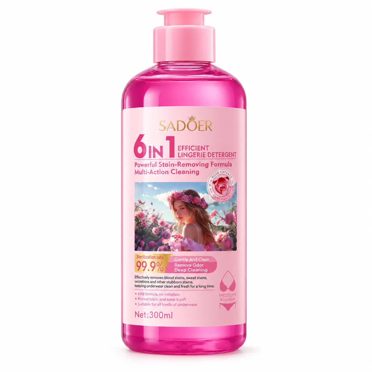 SADOER 6in1 – růžový antibakteriální prací gel na spodní prádlo s vůní růže 300 ml