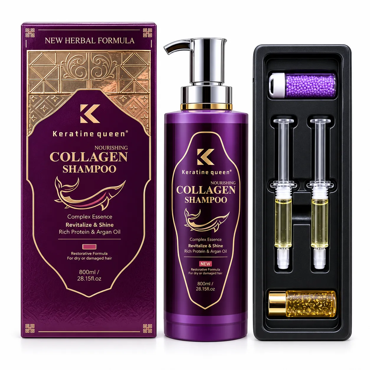 Keratine Queen Collagen – sada pro suché a poškozené vlasy, šampon 800 ml + doplňková péče